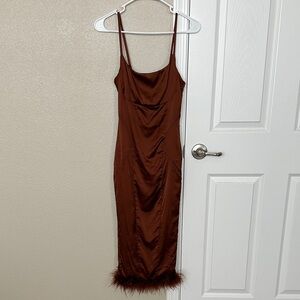 Fashion Nova Brown Satin Freys Feather Midi dress
